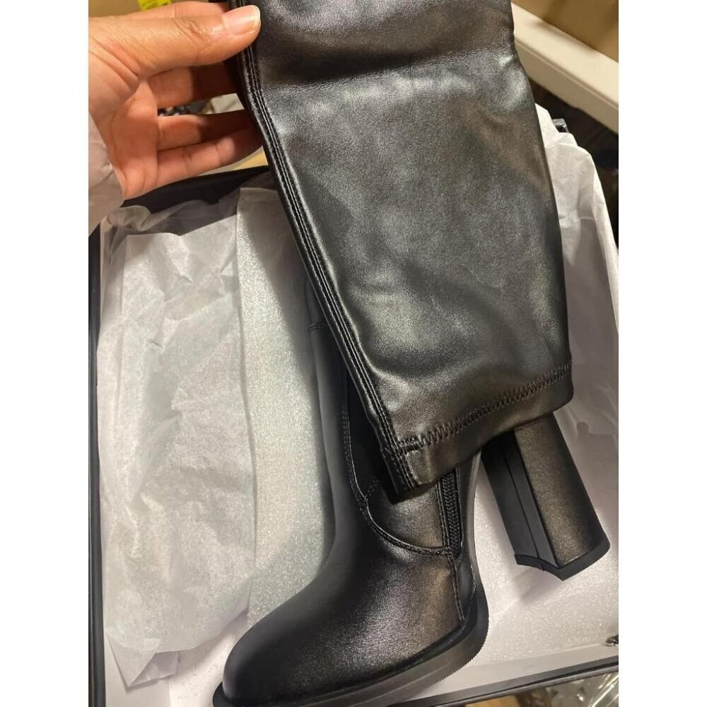 🆕Women Black Leather Over The Knee Thigh High Chunky Heel Pointed Toe Long Boot